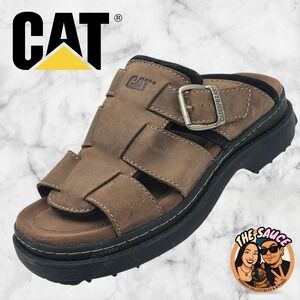 CAT Caterpillar Sandals Mens 10 Brown Leather Slides Dad Shoes Retro Utilitarian